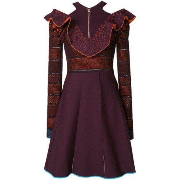 Versace Pre Fall 2017 Ruffle Knit Skater Dress Burgundy Orange Blue Sz 38 A77255 - Picture 1 of 8